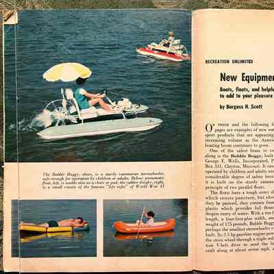 Pages 50-51: Photos of people doing various recreation activities on a lake, "Recreation unlimited" section by Burgess H. Scott (photos uncredited)