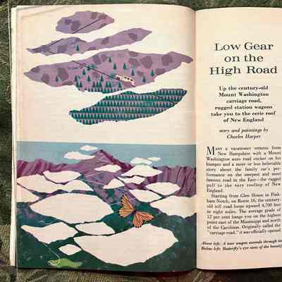Pages 2-3: Left: Pictures of Mount Washington created by Charles Harper
Right: "Low Gear on the High Road" written by Charles Harper