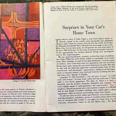 Inside flyleaf, first page: Left: collage of Detroit in reds and purples by Gerald McDermott. "The design above, based on the street pattern of Detroit, introduces a group of illustrations in this issue by young students and recent graduates of the scholarship-winning art classes at Detroit's Cass technical High School..."
Right: Surprises in your Car's Home Town. "This special issue of Ford Times is your Ford dealer's salute to Detroit, capital of the world's most spectacular and significant industry..."