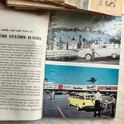 Page 8-9: LEFT: First page of article "The Falcon Station Wagon" (uncredited)
RIGHT upper: white station wagon parked next to snow-covered mountain, man holding skis
RIGHT lower: yellow station wagon parked in parking lot of strip mall, man holding trunk, child pushing cart