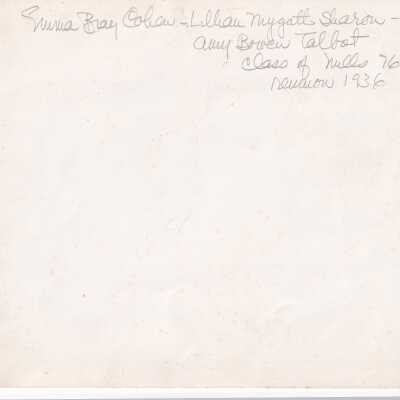 Emma Bray Cohen, Lillian Mygatt Sharon, and Amy Bowen Talbot, Class of Mills 1876 reunion 1936 (back)