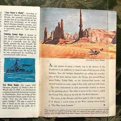 Pages 64-65 (rear flyleaf): Painting of Monument Valley Tribal Park by Leese Mather. "At the heart of many a family trip to the deserts of the Southwest is an ambition to unravel some of the mystery of the Indians..."
