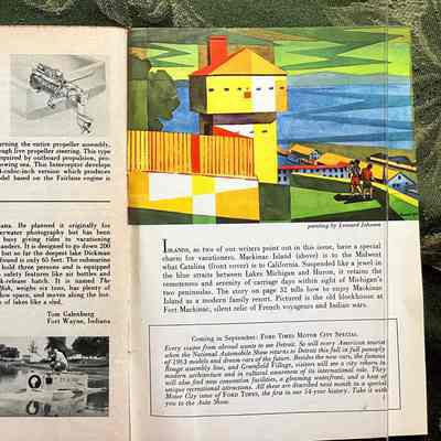 Pages 64-65: Left: Continuation of article "Power for a River Cruise" and letters to the editor
Right: Picture of Mackinac Island in geometric shapes, description of contents of issue, preview of September issue