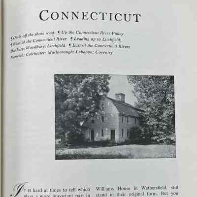 First page of Connecticut section: CONNECTICUT, list of areas covered, photo of barn-style house and intro to section.