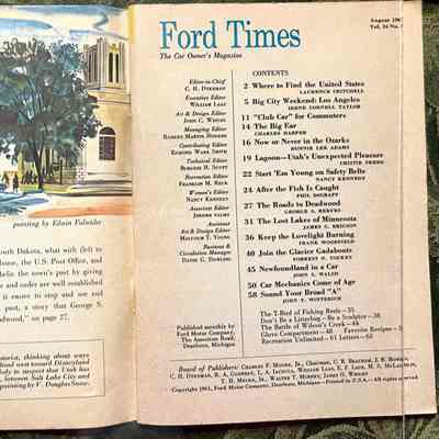 Front flyleaf and index: Left upper: painting of cars parked in front of court house with trees