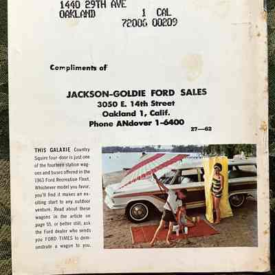 Rear cover: Left: "This Galaxie Country Squire four-door is just one of the fourteen station wagons and buses offered in the 1963 Ford Recreation Fleet..."
Right: Photo of boy setting up umbrella on lakeside beach in front of wood-paneled station wagon