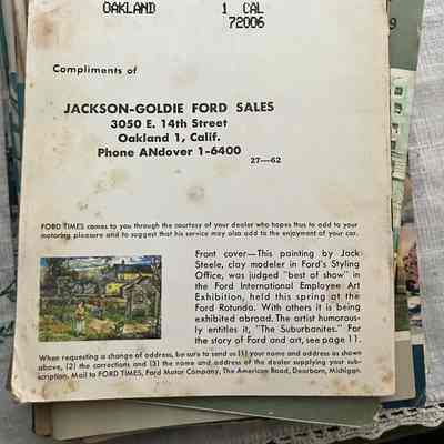 Rear cover: addressed to E. Cohen, 1440 29th Ave, Oakland, 1 CAL 72006
"Front cover- This painting by Jack Steele, clay modeler in Ford's Styling Office, was judged 'best of show' in the Ford International Employee Art Exhibition, held this spring at the Ford Rotunda. With others it is being exhibited abroad. The artist humorously entitles it, 'The Subrbanites.' For the story of Ford and art, see page 11."

When requesting a change of address, be sure to send us (1) your name and address as shown above, (2) the corrections and (3) the name and address of the dealer supplying your subscription. Mail to FORD TIMES, Ford Motor Company, The American Road, Dearborn, Michigan.