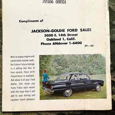Rear cover: Right: Picture of black car parked in field, woman resting her hand on trunk.
Left: With its peppy engine and comfortable bucket seats, the Falcon Futura belongs in a setting like this. A four-speed, floor-shift transmission is available. Ask about it at your Ford dealer, who sends you FORD TIMES each moth with the hope that it will add to your driving and vacation travel pleasure