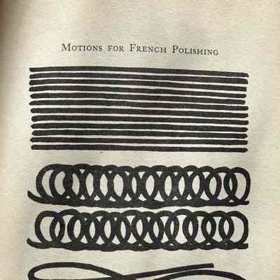 Diagram of how to move cloth while polishing: 4 hand-drawn diagrams: 1. 10 thick horizontal lines, 2. vertical curlicue; 3. horizontal, wide curlicue; 4. 10 thick horizontal lines