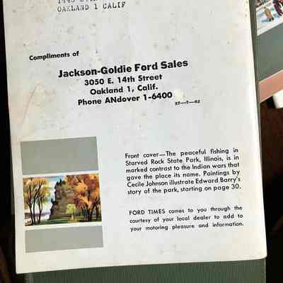 Rear cover: Addressed to Emelita Cohen, 1440 29th Ave, Oakland, 1 CAL 
Front cover- The peaceful fishign in Starved Rock State Park, Illinois, is in marked contrast to the Indian wars that gave the place its name. Paintings by Cecile Johnson illustrate Edward Barry's story of the park, starting on page 30.