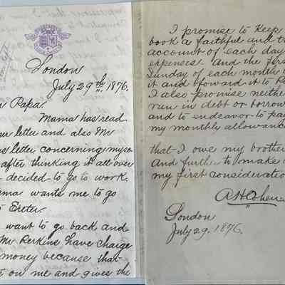 Letter from Alfred H Cohen to his father AA Cohen re: returning to Exeter: Dated 29 Jul 1876 when A. H. Cohen is visiting London
