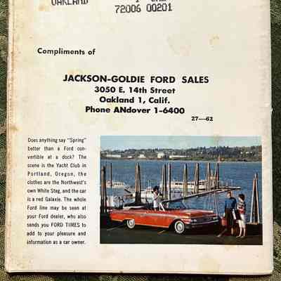 Rear cover: Right: Photo of red convertible in front of marina
Left: "Does anything say 'Spring' better than a Ford convertible at a dock?"