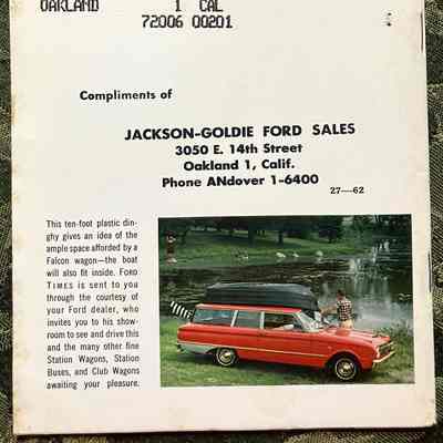 Rear cover: Left: This ten-foot plastic dinghy gives an idea of the ample space afforded by a Ford wagon- the boat will also fit inside...
Right: Red Ford wagon with boat on roof next to lake