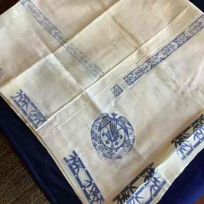 Blue and white tablecloth