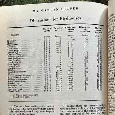 Instructions for making a birdhouse including dimensions: List of dimensions for birdhouses for various types of birds. (Ex: Tree Swallow 6x6) and portion of instructions on where to place and what to put into the birdhouse, as well as attracting the birds.