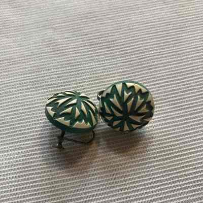 Circular Green and White Clip on Earrings