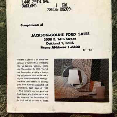 Rear cover: Left: "Coming in October is the annual new car issue of FORD TIMES, introducing the Ford Galaxies, Fairlanes, Falcons, and Thunderbirds for 1963..."
Right: Painting made of lines and geometric shapes