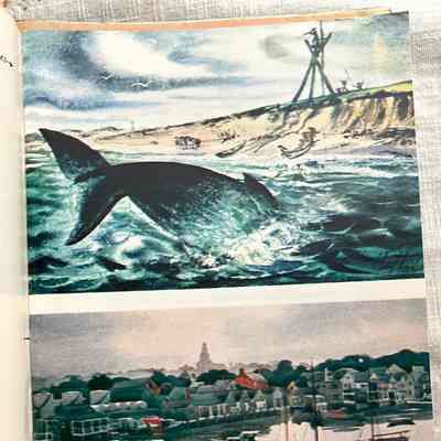 Page 5: From the article "Nantucket." 
Upper: whale diving into ocean
Lower: harbor with sailboats and houses