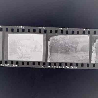 Negative of 3 children on a wagon and man on a horse carriage