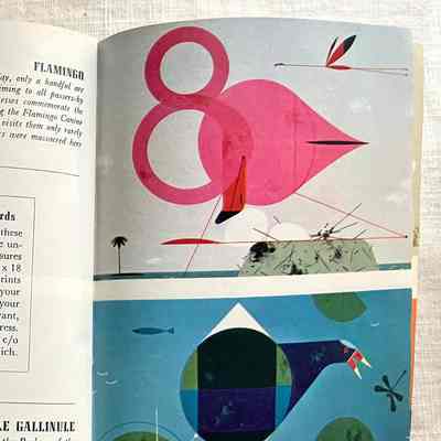 Pages 44-45, Charey Harper birds: Left: Description of flamingo, instructions for ordering prints from Charley [Charles] Harper, description of purple gallinule
Right upper: Geometric flamingo on an island, small flamingo flying in background.
Right lower: Blue geometric bird on pond with lily pads, dragonfly and fish.
All birds: https://circlecityframes.com/products/1958_11-november-ford-times-magazine-charley-harper
