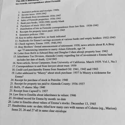 Attic Archival Box 12 contains 27 objects of financial records of Emma Bray Cohen and Emelita Cohen 1935-1959