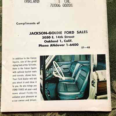 Rear cover: "In addition to the Falcon Squire, one of the great styling feats of the '62 Fords, there is the Falcon Squire with optional bucket seats..."