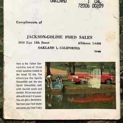 Rear cover: Photo of two people lowering a boat into a lake with red convertible. "Here is the Falcon Convertible, one of three smart sunshine models in the broad '63 line..."