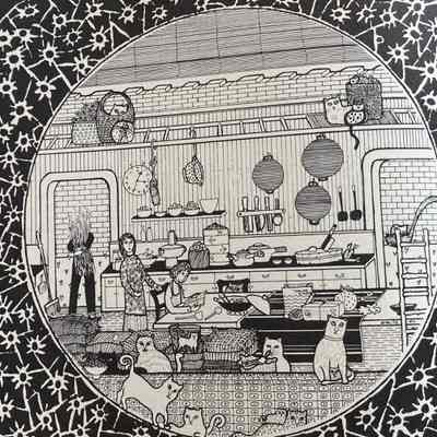 Line drawing of kitchen: Kitchen scene: person carrying sheaf of wheat (?) into room, child sitting reading at table, woman standing behind their chair. Several cats lounging. Counter, stove and table covered with pots, pans, woks. Pans, knives and bowls hanging on wall next to clock.
