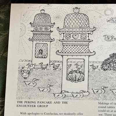 Page 81: The Peking pancake and the encounter group: Personal narrative about "participative" meals. 
Line drawing of fantastical temples, line of ducks, duck cage, naked people dancing around tree