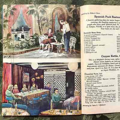 Paintings of restaurant scenes by Robert Chase and review/recipe of two restaurants (Florida and Colorado) by Sara L. Uffelman