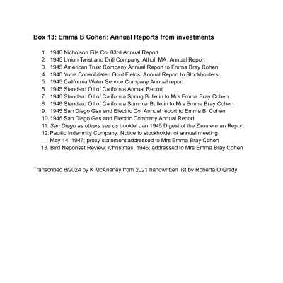 13. Box: Emma B Cohen: Annual Reports from Investments