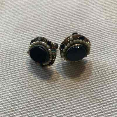 Pair of Black Glass and Pearl Clip on Earrings