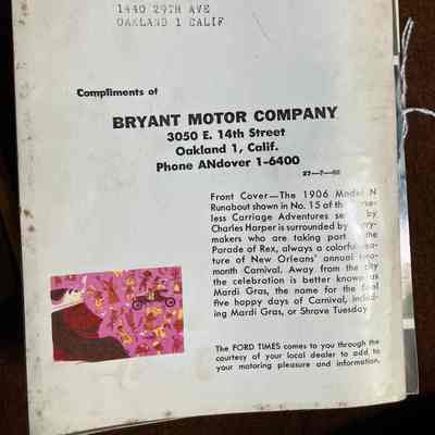 Rear cover: Addressed to E. Cohen, 1440 29th Ave, Oakland, 1, Calif.

"Front Cover- The 1906 Model N Runabout shown in No. 15 of the Horseless Carriage Adventures series by Charles Harper is surrounded by merry-makers who are taking part in the Parade of Rex, always a colorful feature of New Orleans' annual two-month Carnival. Away from the city the celebration is better known as Mardi Gras, the name for the final five happy days of Carnival, including Mardi Gras, or Shrove Tuesday.