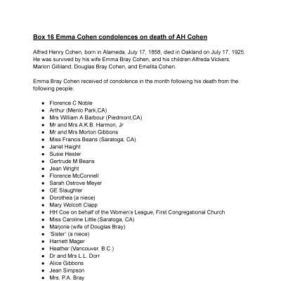 16. Emma B. Cohen: Condolences A.H. Cohen's death