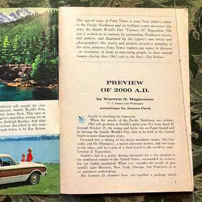 Front flyleaf and first page: Left upper: Painting of a river through mountains
Left lower: Photo of a wood-paneled Ford station wagon next to water, two kids.
Right upper: Editor's note
Right Lower: Preview of 2000 A.D. by U.S. Senator Warren O. Magnuson
