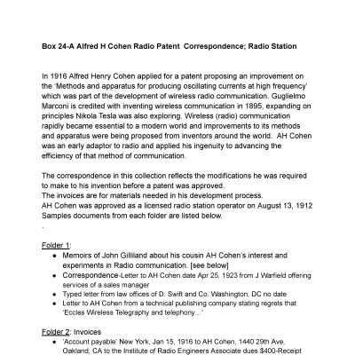 24-A. Alfred H Cohen: Radio patent correspondence; Radio Station