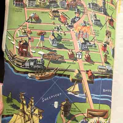 Inside front cover: Pictorial map of Wicasset, Maine, illustrated by F. Wenderoth Saunders