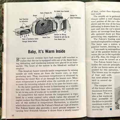 Pages 16-17: Diagrams of and article about heaters in the Ford Falcon (not attributed)
