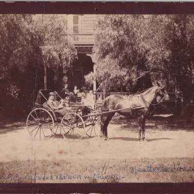 Emma, Alfreda, and Marion in buggy. At Wetherbee House.