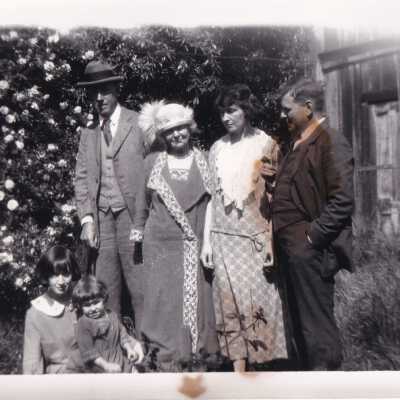 Back garden, 1924. Left to right: (front) Emelita, Nancy, (back) A. H., Emma, Marion, Bill
