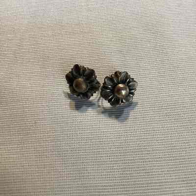 Pair of Silver Toned, Flower Shaped Screw Back Earrings