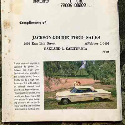 Rear cover: A wide choice of engines is available to power this Galaxie 500 Four Door Sedan and other models of the Galaxie series... Yellow ford with people setting up a picnic near a golf course (?)