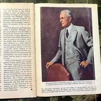 Page 64, rear flyleaf: Left: Final page of story "Tin Goose" to Lunar Capsule by Douglas Campbell
Right: Portrait of Henry Ford by Alfred Fiske Noyes