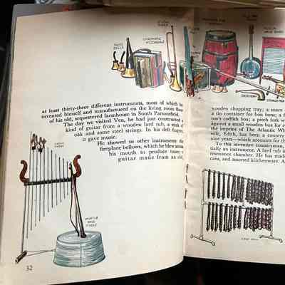Pages 32-33: Spread from the story "Minstrel of Southern Maine" by Edmund Ware Smith with drawings of instruments (washtub bass fiddle, vibra phone, horns, etc.)