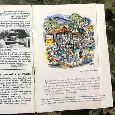 Last page, rear flyleaf: Letters to the editor, painting of a county fair in Connecticut by Alois Fabry.
"According to the story which leads off this issue, the country fair at Danbury, Connecticut, is as much an educational event as it is a fun event..."