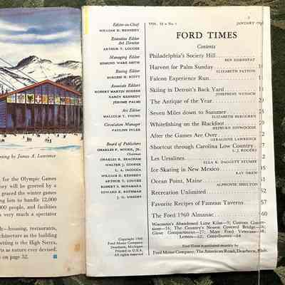 Front flyleaf, title page: Painting by James A. Lawrence of ski lodge. "When visitors go to California for the Olympic Games in Squaw Valley this January they will be greeted by a development unlike any that has graced the winter games in the past..."