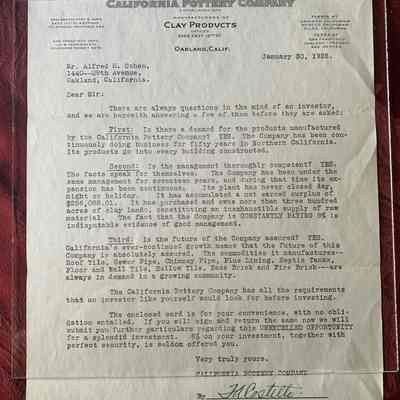 Letter from California Pottery Company
