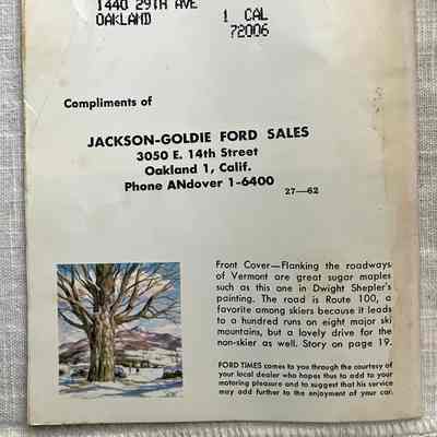 Rear cover: "Flanking the roadways of Vermont are great sugar maples such as this one in Dwight Shepler's painting. The road is Route 100, a favorite among skiers because it leads to a hundred runs on eight major ski mountains, but a lovely drive for the non-skier as well. Story on page 19."