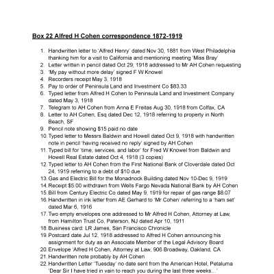 22. Alfred H Cohen: Correspondence 1872-1919