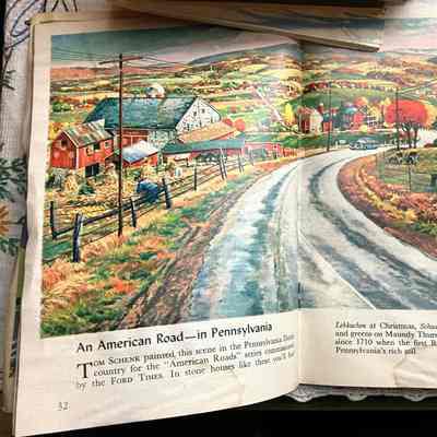 Pages 32-33, An American Road - in Pennsylvania: two-page spread of the Pennsylvania Dutch country, part of "American Roads" series commissioned by the FORD TIMES, painted by Tom Schenck. From the copy: "In stone houses like these you'll find Lebkuchen at Christmas, Schwenkfelder bread at Thanksgiving, and green on Maundy Thursday, in a tradition undiminished since 1710 when the first Rhinelanders began swarming to Pennsylvania's rich soil.
